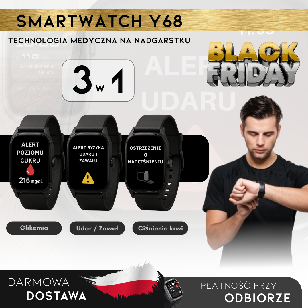BLACK FRIDAY: Smartwatch Y68 – Monitor Medyczny 3 w 1 (Poziom glukozy, Ciśnienie, Ryzyko udaru mózgu) | Menu w języku polskim